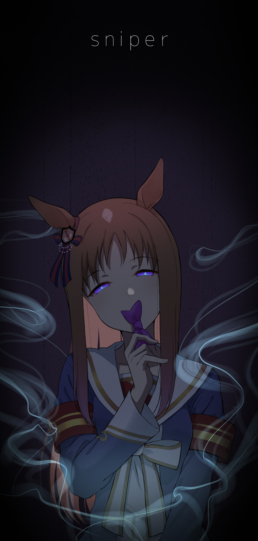 1girl absurdres animal_ears armband blue_dress blue_eyes bow brown_hair collared_dress commentary covering_own_mouth dress ear_ornament english_text glowing glowing_eyes grass_wonder_(umamusume) haibarasaika half-closed_eyes highres holding horse_ears long_hair long_sleeves looking_at_viewer purple_bow sailor_collar solo umamusume