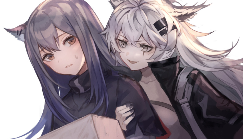 2girls animal_ears arknights black_capelet black_coat black_hair black_nails box brown_hair capelet cardboard_box coat collarbone commentary_request ear_piercing grabbing_another&#039;s_arm grey_eyes hair_between_eyes hair_ornament hairclip highres holding holding_box lappland_(arknights) long_hair looking_at_another multiple_girls nail_polish parted_lips partial_commentary piercing scar scar_across_eye scar_on_face sidelocks simple_background sweatdrop texas_(arknights) touchika upper_body white_background white_hair wolf_ears wolf_girl