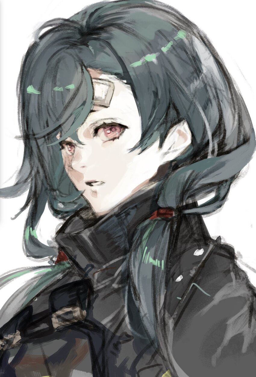 1girl asymmetrical_bangs bad_id bad_tumblr_id bandaid bandaid_on_face bandaid_on_forehead black_gloves black_jacket expressionless firefighter firefighter_jacket gloves green_hair highres jacket little_match_girl_(sinoalice) looking_at_viewer low_twintails medium_hair owalioli parted_lips red_eyes sinoalice sketch solo twintails