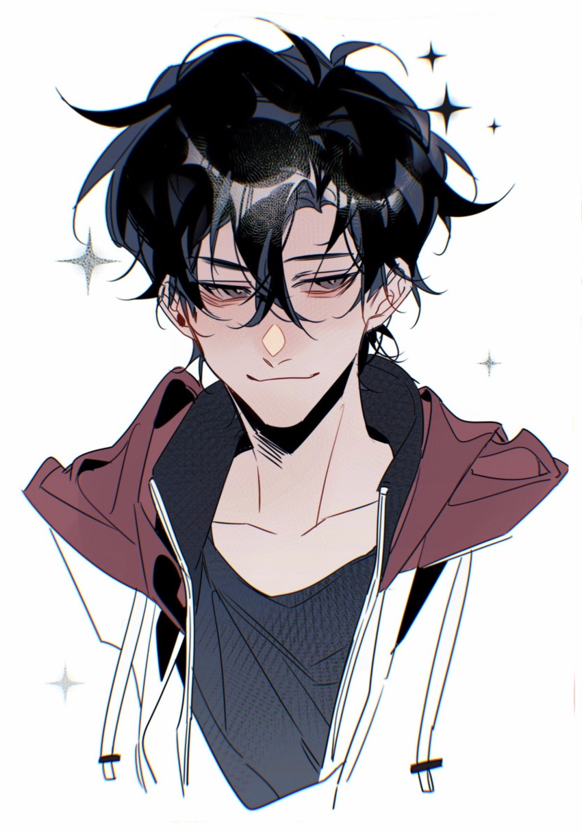 1boy black_eyes black_hair black_shirt brown_eyes chinese_commentary closed_mouth collarbone drawstring hair_between_eyes highres hood hood_down hooded_jacket jacket looking_at_viewer male_focus multicolored_jacket open_clothes open_jacket portrait quan_zhi_gao_shou red_jacket shirt short_hair simple_background smile solo sparkle upper_body wenyiyuuuuu white_background white_jacket ye_xiu