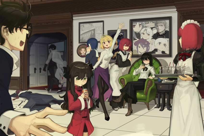 2boys 6+girls animal_ears apron arcueid_brunestud arima_miyako black-framed_eyewear black_dress black_hair black_pantyhose blue_hair boa_(brianoa) brown_hair can cat_ears cat_girl cat_tail ciel_(tsukihime) closed_eyes closed_mouth dress drink_can drinking drinking_straw drinking_straw_in_mouth flat_screen_tv glasses green_eyes hair_between_eyes high_heels highres hisui_(tsukihime) holding holding_can indoors kishima_kouma kohaku_(tsukihime) len_(tsukihime) long_sleeves looking_at_another lying maid maid_apron maid_headdress medium_hair multiple_boys multiple_girls neco-arc neco-arc_chaos noel_(tsukihime) nrvnqsr_chaos on_stomach opaque_glasses open_mouth pantyhose ponytail red_eyes red_hair riesbyfe_stridberg round_eyewear short_hair sion_eltnam_(type-moon) sion_eltnam_atlasia sitting soda_can standing sweatdrop tail television theft tohno_akiha tohno_shiki tsukihime walking waving white_len_(tsukihime) yumizuka_satsuki