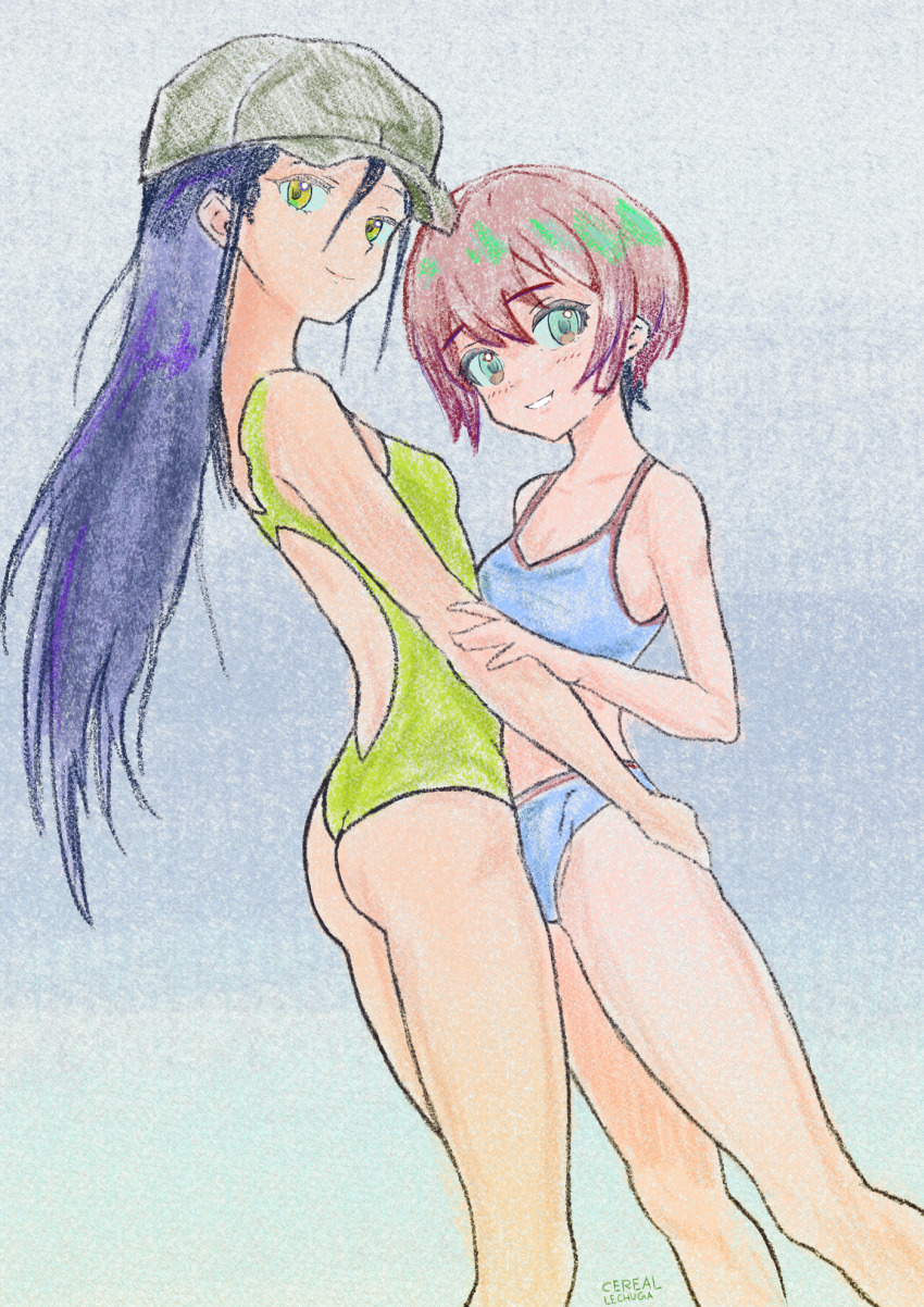 2girls amate_yuzuriha aqua_eyes back_cutout bikini black_hair breasts cerealxs clothing_cutout colored_pencil_(medium) couple from_side green_hat gundam gundam_gquuuuuux hands_on_another&#039;s_ass hat highres long_hair looking_at_viewer multiple_girls nyaan_(gundam_gquuuuuux) one-piece_swimsuit red_hair short_hair small_breasts smile swimsuit traditional_media white_bikini yellow_eyes yellow_one-piece_swimsuit yuri