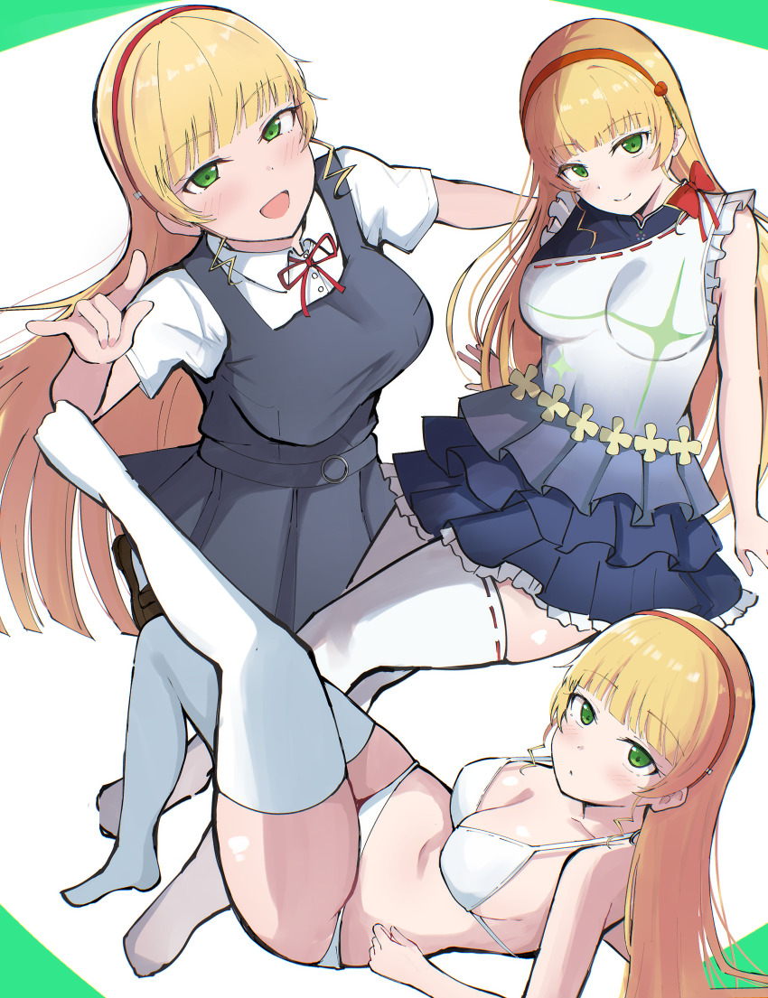 1girl \m/ absurdres blonde_hair blunt_bangs blush bra breasts cleavage collared_shirt commentary_request curly_sidelocks dress dress_shirt frilled_dress frills gradient_clothes gradient_dress green_eyes grey_dress hairband hajimari_wa_kimi_no_sora heanna_sumire highres long_hair looking_at_viewer love_live! love_live!_superstar!! navel neck_ribbon open_mouth panties pinafore_dress red_hairband red_ribbon ribbon school_uniform shirt simple_background sleeveless sleeveless_dress smile solo string_tie thighhighs underwear wewe white_bra white_panties white_shirt white_thighhighs yuigaoka_school_uniform