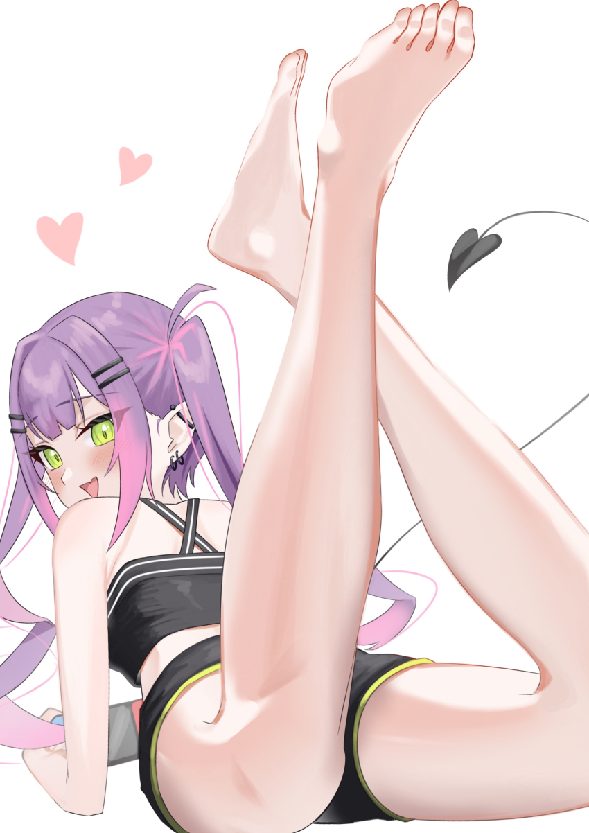 1girl absurdres barefoot black_shirt black_shorts blush demon_girl demon_tail ear_piercing fang feet green_eyes handheld_game_console highres holding holding_handheld_game_console hololive long_hair looking_at_viewer lying multicolored_hair nintendo_switch on_stomach open_mouth piercing pink_hair pointy_ears purple_hair shirt shorts skin_fang smile solo streaked_hair tail the_pose toes tokoyami_towa tokoyami_towa_(1st_costume) twintails uw_chanmaru very_long_hair virtual_youtuber