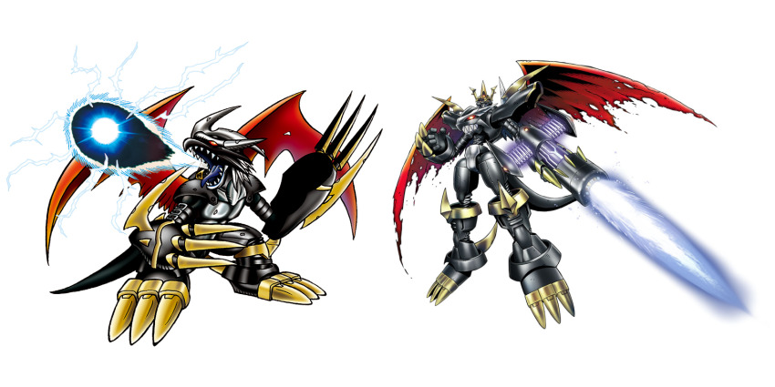 armor cannon claws damaged digimon dragon energy highres imperialdramon imperialdramon_dragon_mode_(black) imperialdramon_fighter_mode_(black) official_art red_eyes sharp_teeth tail teeth wings