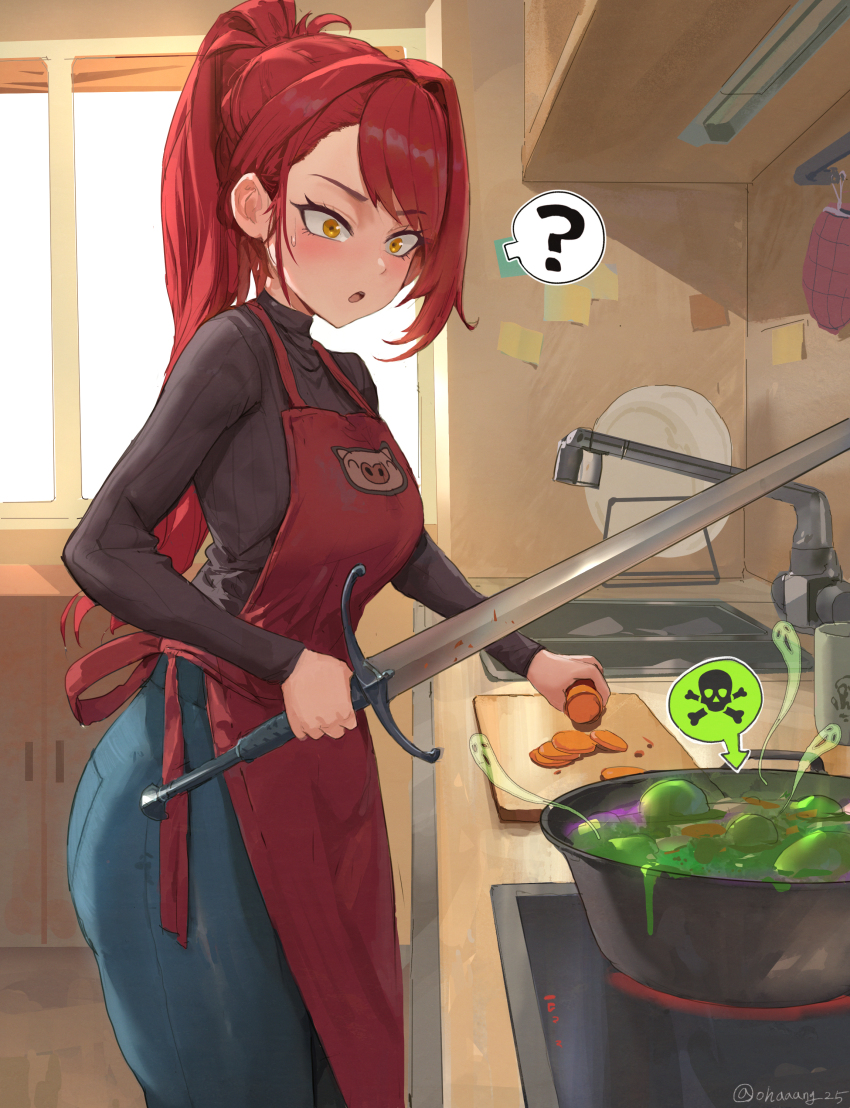 1girl :o ? absurdres apron ass black_sweater blue_pants breasts carrot castle_knight_charlotte cooking cooking_pot cupboard denim food from_side ghost greatsword hair_intakes high_ponytail highres holding holding_sword holding_weapon indoors jeans large_breasts long_hair long_sleeves ohaaang open_mouth oven_mitts pants ponytail red_apron red_hair ribbed_sweater sink skull_and_crossbones slicing solo spoken_question_mark surprised sweatdrop sweater sword twitter_username virtual_youtuber waktaverse weapon wide-eyed yellow_eyes