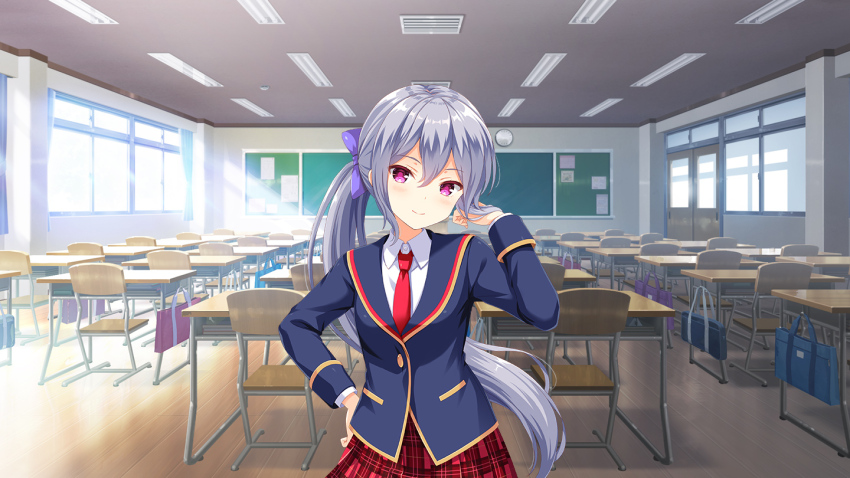 1girl blazer blue_jacket bow breasts classroom closed_mouth day desk female_focus girlfriend_(kari) grey_hair hand_on_own_hip indoors jacket long_hair necktie official_art plaid_clothes plaid_skirt pout purple_bow qp:flapper red_neckwear red_skirt school school_desk school_uniform shigeto_akiho shirt skirt small_breasts standing tagme white_shirt window