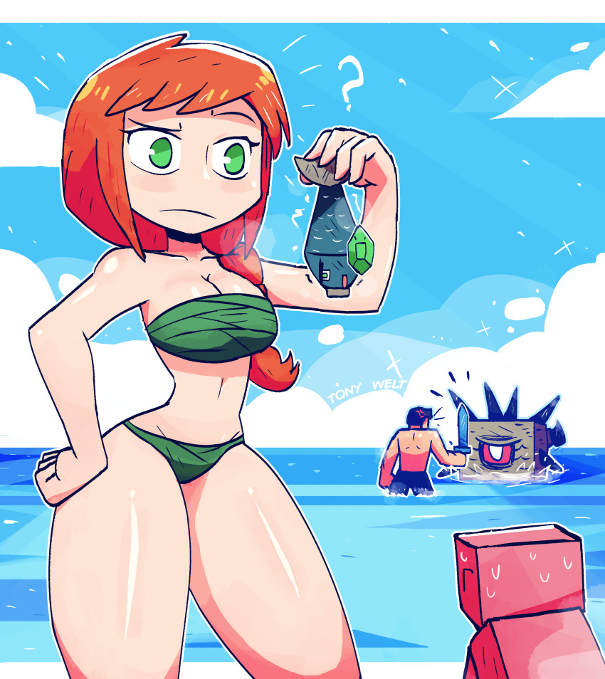 1boy 1girl ? absurdres alex_(minecraft) animal bikini black_swim_trunks braid breasts cleavage cloud collarbone elder_guardian_(minecraft) fish fishing_rod gem green_bikini green_eyes green_gemstone guardian_(minecraft) hand_on_own_hip highres holding holding_animal holding_fish holding_sword holding_weapon large_breasts long_hair male_swimwear minecraft navel ocean orange_hair pig pig_(minecraft) raised_eyebrow sky sparkle speech_bubble steve_(minecraft) sweat swim_trunks swimsuit sword thick_thighs thighs tony_welt topless_female villager_(minecraft) water weapon