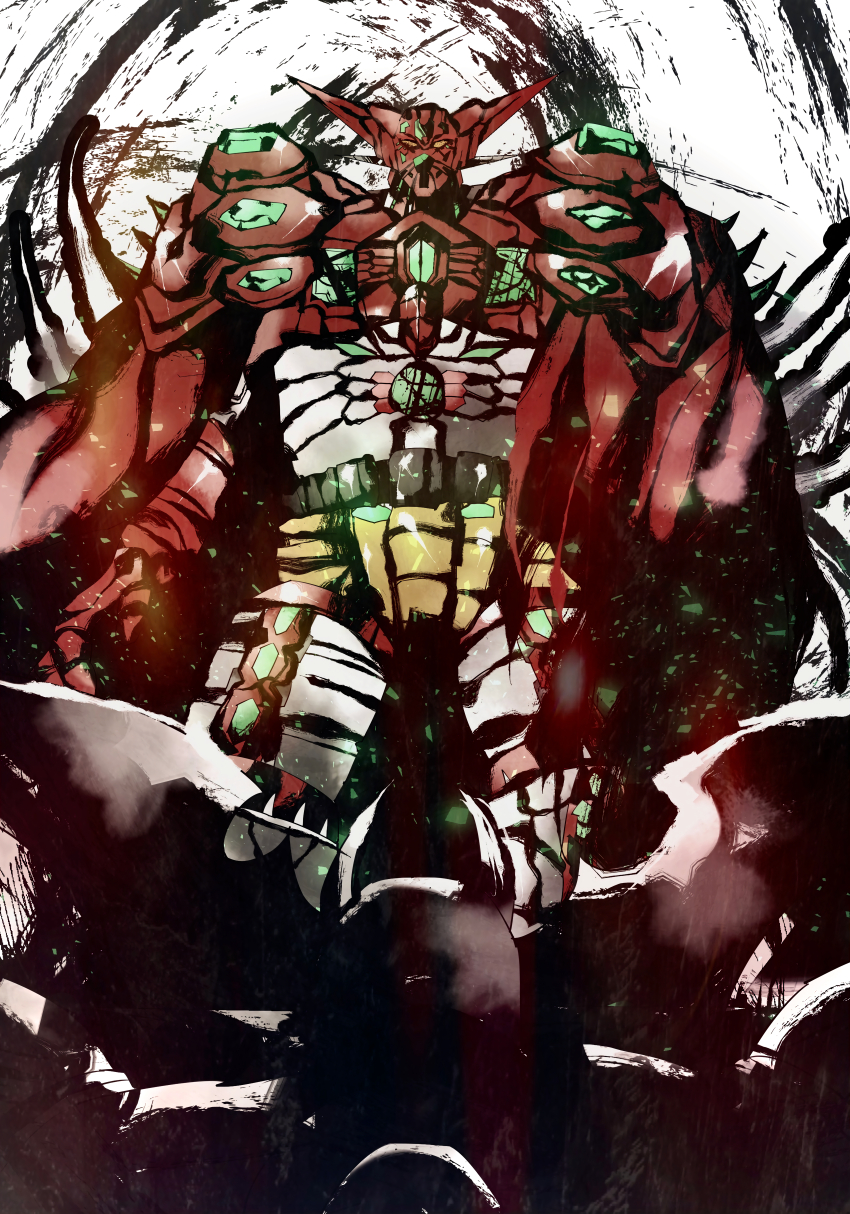 absurdres arm_blade cape character_request getter_arc getter_robo getter_robo_arc getter_ten green_light highres mecha mecha_focus no_humans red_cape robot slllle1 super_robot weapon yellow_eyes