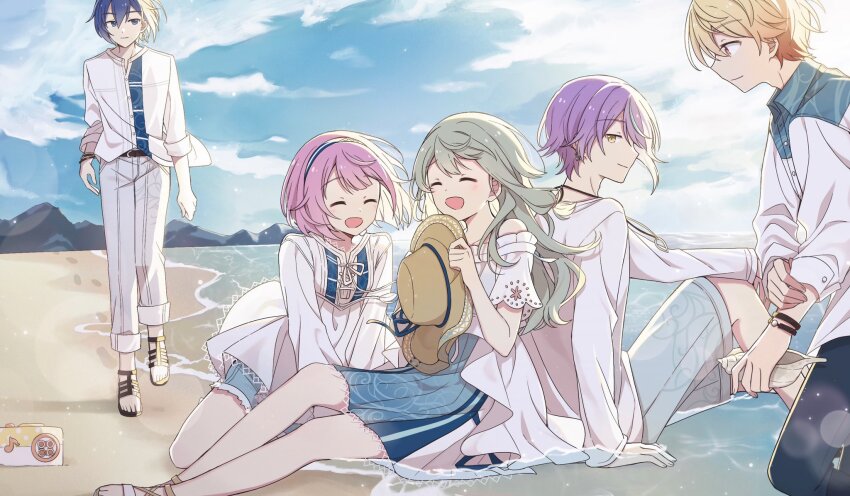 2girls 3boys bagel_land blonde_hair blue_eyes blue_hair blue_hairband blue_shorts blue_skirt closed_mouth green_hair grey_pants hairband hat highres holding holding_unworn_clothes holding_unworn_hat kaito_(vocaloid) kamishiro_rui kanaria_wa_kyuukyou_ni_utau_(project_sekai) kusanagi_nene long_hair long_sleeves multicolored_hair multiple_boys multiple_girls ocean ootori_emu pants pink_hair project_sekai purple_hair shirt short_hair short_sleeves shorts sidelocks sitting skirt straw_hat streaked_hair tenma_tsukasa unworn_hat unworn_headwear vocaloid white_shirt wonderlands_x_showtime_(project_sekai) wonderlands_x_showtime_kaito yellow_eyes