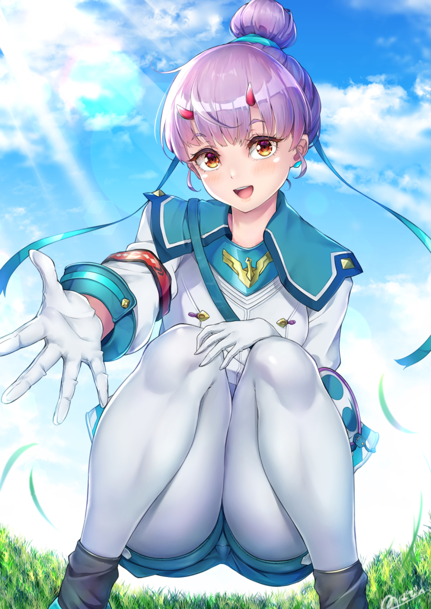 1girl :d aqua_shorts brown_eyes commentary_request day fiona_(xenoblade) gloves grass hair_bun hair_ribbon highres light_rays looking_at_viewer novady open_mouth outdoors outstretched_arm pantyhose purple_hair ribbon shirt shorts signature sky smile solo squatting teeth upper_teeth_only white_gloves white_pantyhose white_shirt xenoblade_chronicles_(series) xenoblade_chronicles_3