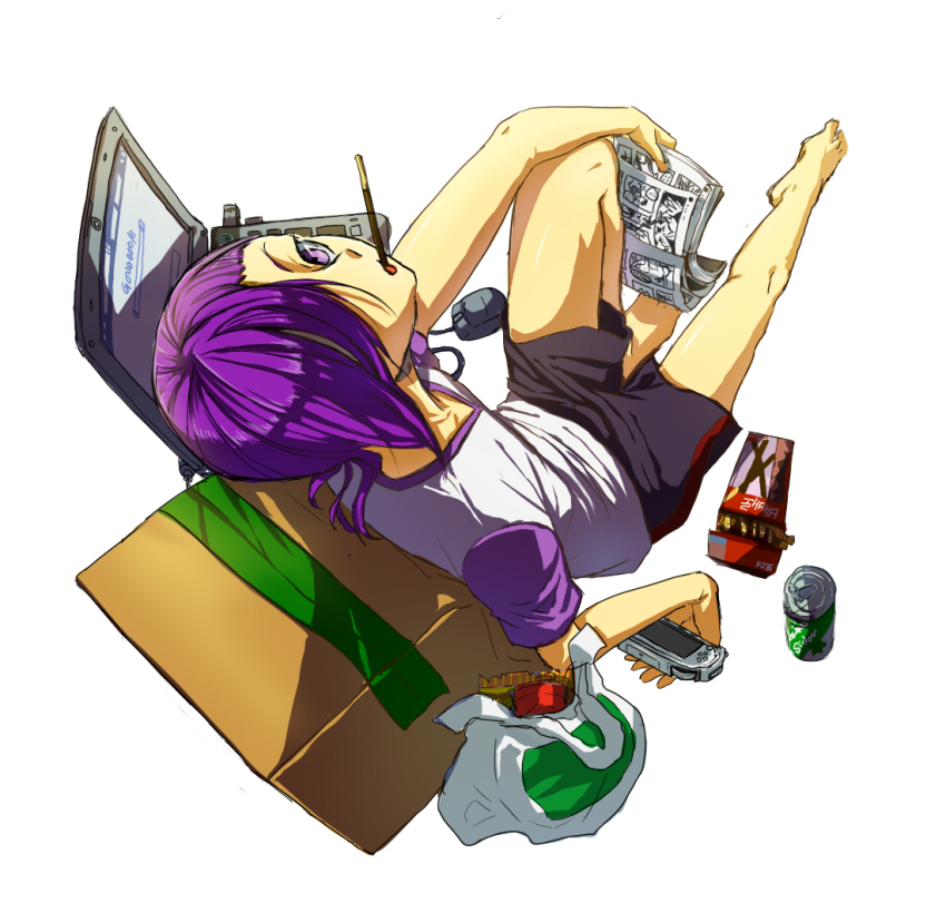 1boy bag barefoot box computer console eating food full_body hair_over_one_eye hataraku_maou-sama! knee_up looking_at_viewer male_focus mouse_(animal) open_mouth pocky purple_eyes purple_hair shirt shorts simple_background sitting solo t-shirt urushihara_hanzou white_background xogml6754