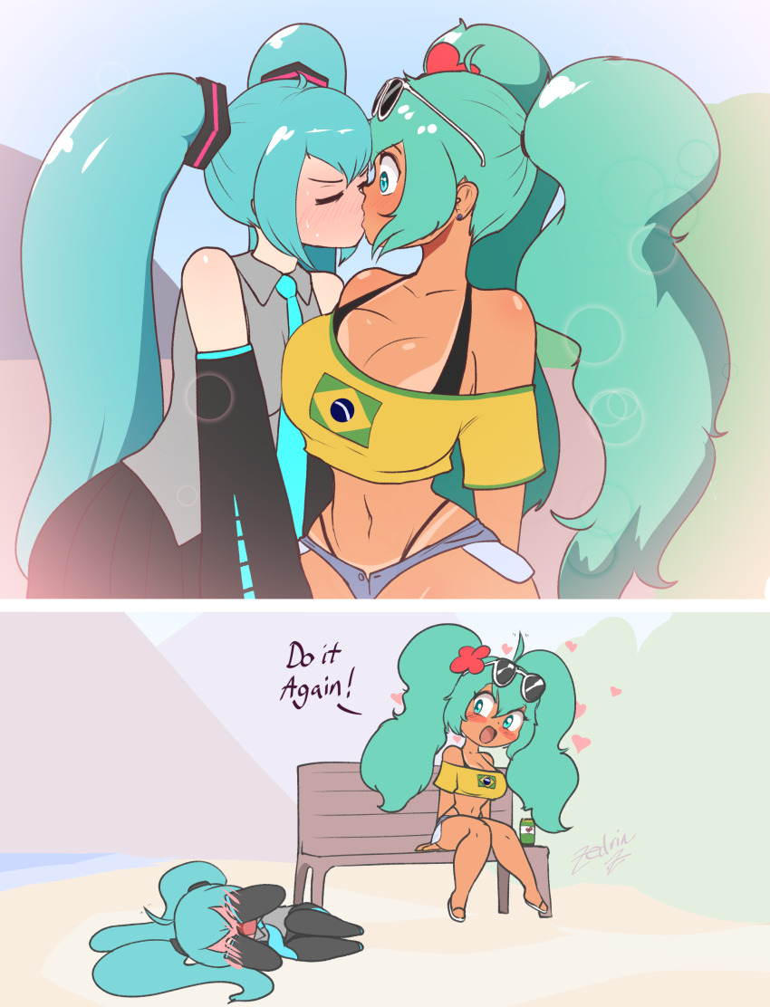 2girls 2koma absurdres ahoge alternate_breast_size aqua_necktie artist_name asymmetrical_docking bare_shoulders bench bikini bikini_under_clothes black_bikini black_panties black_skirt black_sleeves black_thighhighs blue_eyes blue_hair blue_shorts blush blush_stickers brazilian_flag brazilian_flag_print brazilian_miku breast_press breasts can closed_eyes collared_shirt comic day denim denim_shorts detached_sleeves drink_can dual_persona earrings embarrassed eyewear_on_head flag_print grey_shirt hatsune_miku heart highres jewelry kiss large_breasts long_sleeves lying micro_shorts multiple_girls necktie off-shoulder_shirt off_shoulder on_bench on_side outdoors panties sandals selfcest shirt shorts signature sitting skirt sleeveless sleeveless_shirt small_breasts soda_can sunglasses swimsuit tan tanline tanline_peek thighhighs twintails underwear vocaloid yellow_shirt yuri zedrin