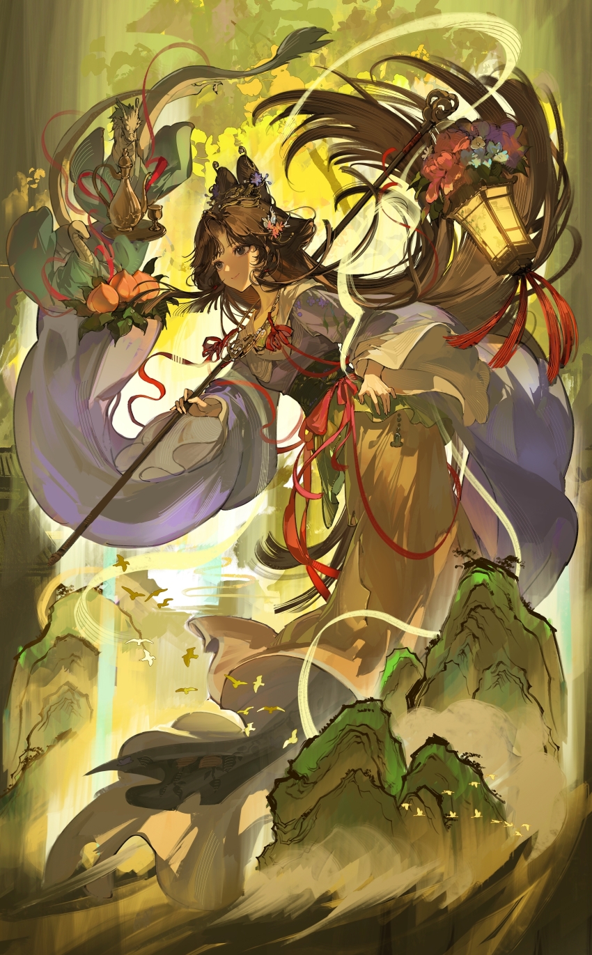 1girl absurdres black_hair chinese_clothes dragon eastern_dragon floating_hair flower food fruit full_body hair_bun hair_flower hair_ornament hanfu highres holding holding_lantern jiu_niangzi jiu_niangzi_(blossom_spring_fairy) lantern long_hair long_skirt looking_to_the_side official_alternate_costume paper_lantern peach pink_flower purple_shirt reverse:1999 rock shirt skirt snake solo very_long_hair wide_hips yellow_background yellow_skirt zzzzzm_jiangzhouzi