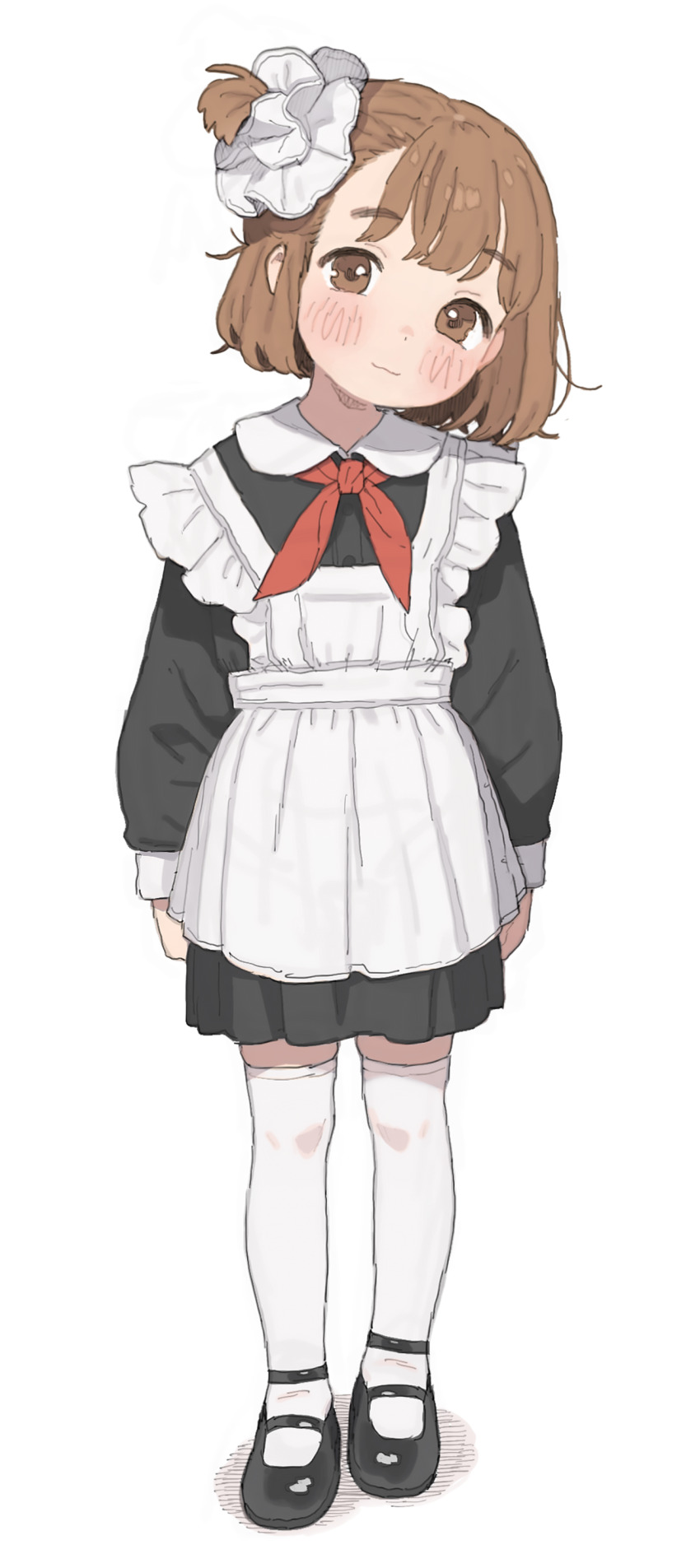 1girl absurdres apron black_dress black_shoes blush brown_eyes brown_hair child closed_mouth commentary dress frilled_apron frills full_body hair_ornament hair_scrunchie highres long_sleeves looking_at_viewer maid maid_apron mary_janes neckerchief one_side_up original possummachine red_neckerchief scrunchie shoes simple_background solo standing thighhighs white_apron white_background white_thighhighs