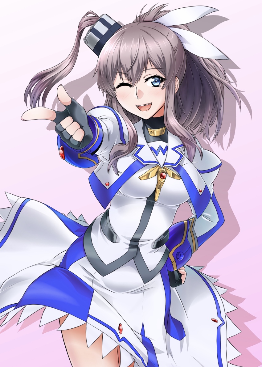 1girl absurdres akito_(sub707) blue_eyes brown_hair cosplay cowboy_shot dress female_focus fingerless_gloves gloves hair_between_eyes hand_on_own_hip high_side_ponytail highres kantai_collection looking_at_viewer lyrical_nanoha mahou_shoujo_lyrical_nanoha_strikers one_eye_closed open_mouth pink_background ponytail saratoga_(kancolle) shadow side_ponytail sidelocks simple_background smile smokestack solo takamachi_nanoha takamachi_nanoha_(cosplay) takamachi_nanoha_(movie_1st_mode) teeth upper_teeth_only white_background white_dress