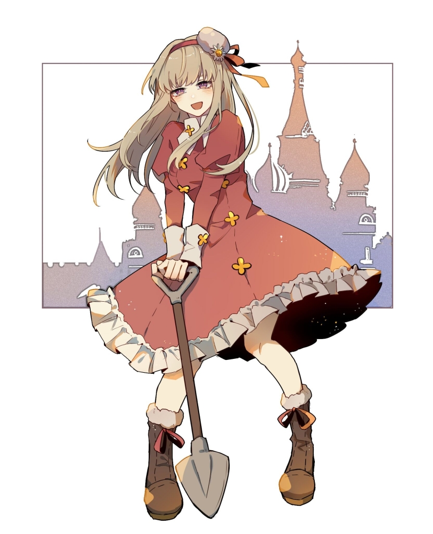1girl axis_powers_hetalia blonde_hair boots brown_boots chinese_commentary collared_dress commentary_request dress footwear_ribbon frilled_dress frills full_body fur-trimmed_boots fur_trim genderswap genderswap_(mtf) grey_hat hair_ribbon hairband hat highres holding holding_shovel juliet_sleeves long_hair long_sleeves mini_hat open_mouth pink_eyes puffy_sleeves red_dress red_hairband red_ribbon ribbon russia_(female)_(hetalia) russia_(hetalia) shovel smile solo yuezhuanlang