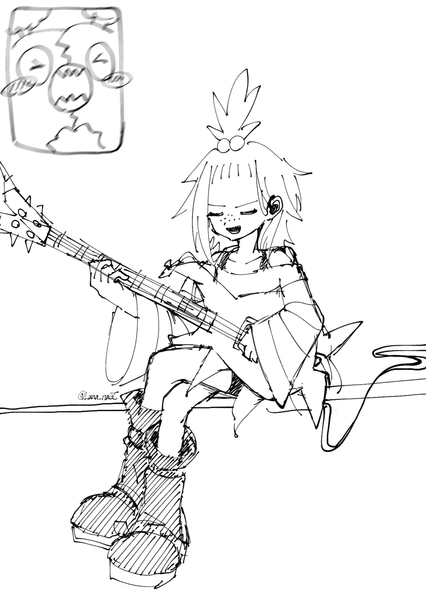&gt;_&lt; 1girl bass_guitar blush blush_stickers boots cable closed_eyes fan_screaming_at_madison_beer_(meme) freckles garbodor gen_5_pokemon greyscale hair_bobbles hair_ornament hatching_(texture) highres holding holding_bass_guitar holding_instrument instrument meme monochrome music nintendo open_mouth playing_bass_guitar playing_instrument pokemon pokemon_(creature) pokemon_bw2 roxie_(pokemon) runa_(luna_naut) sharp_teeth short_hair simple_background sitting smile teeth topknot twitter_username