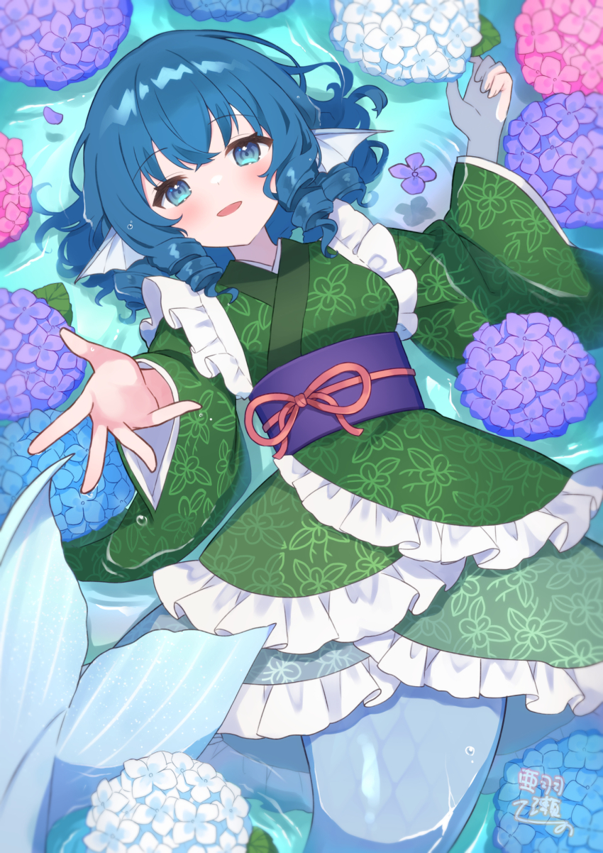 1girl ahase_hino animal_ears blue_eyes blue_hair blush drill_hair drill_sidelocks fins flower frilled_kimono frills green_kimono head_fins highres hydrangea japanese_clothes kimono long_hair long_sleeves looking_up lying mermaid monster_girl obi open_mouth sash short_hair sidelocks smile solo touhou wakasagihime water wide_sleeves