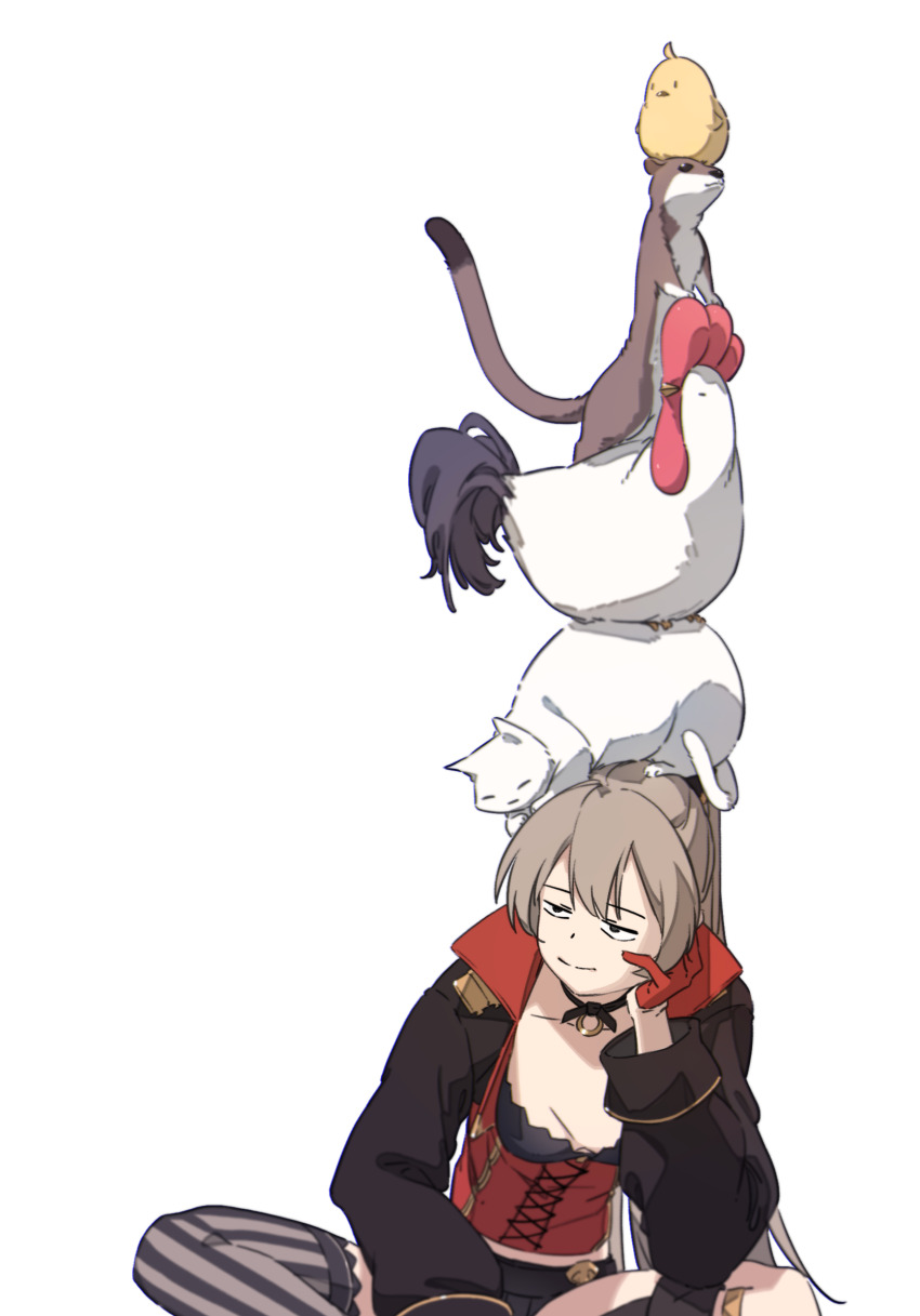 1girl aiguillette animal animal_on_head asymmetrical_footwear azur_lane belt bird black_choker black_jacket black_shorts boots breasts brown_hair cat choker cleavage closed_mouth collarbone corset cross-laced_clothes gloves hair_between_eyes half_gloves hand_on_own_cheek hand_on_own_face hatski.sin head_rest high_ponytail highres indian_style jacket jean_bart_(azur_lane) long_hair long_sleeves manjuu_(azur_lane) mismatched_footwear o-ring on_head ponytail red_gloves short_shorts shorts simple_background single_thighhigh sitting sleeve_cuffs striped_clothes striped_thighhighs thighhighs vertical-striped_clothes vertical-striped_thighhighs white_background