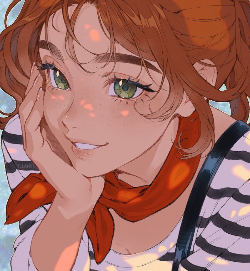 1girl absurdres artist_name brown_hair clair_obscur:_expedition_33 closed_mouth commentary english_commentary eyelashes fingernails green_eyes head_rest highres lips looking_at_viewer maelle_(clair_obscur:_expedition_33) parted_lips red_scarf scarf shirt smile solo striped_clothes striped_shirt suspenders upper_body vertical-striped_clothes vertical-striped_shirt yiiande