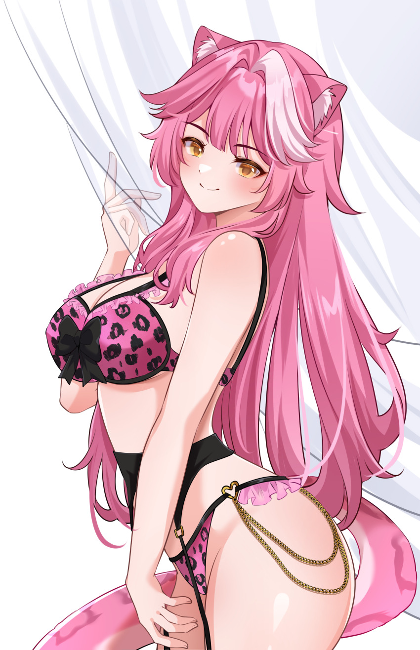 1girl absurdres animal_ear_fluff animal_ears animal_print black_garter_belt black_ribbon bra breasts cat_ears cat_tail chain cleavage closed_mouth curtain_grab curtains cyanzan garter_belt hair_intakes highres hololive hololive_english large_breasts leopard_print lingerie long_hair looking_at_viewer multicolored_hair panties pink_bra pink_hair pink_panties print_bra print_panties raora_panthera ribbon simple_background smile solo tail underwear underwear_only very_long_hair virtual_youtuber white_background yellow_eyes