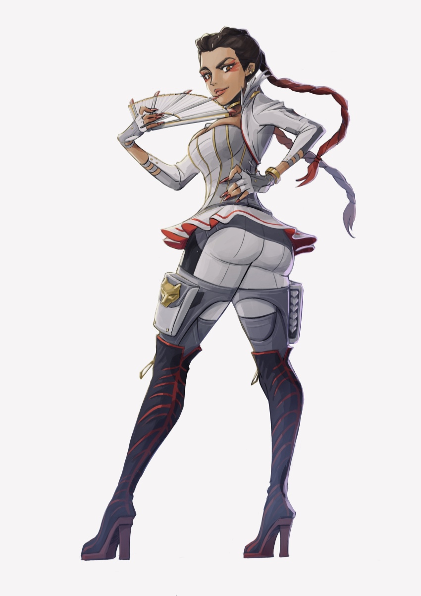 1girl absurdres animification apex_legends ass black_boots boots braid breasts brown_eyes brown_hair eyeshadow fingerless_gloves fingernails floating_hair folding_fan from_behind full_body garra_de_alanza gloves hand_fan hand_on_own_hip high_heel_boots high_heels highres holding holding_fan loba_(apex_legends) long_fingernails long_hair looking_back makeup medium_breasts pants red_eyeshadow red_hair red_nails smile solo thigh_boots twin_braids very_long_hair white_pants yaco_(085)