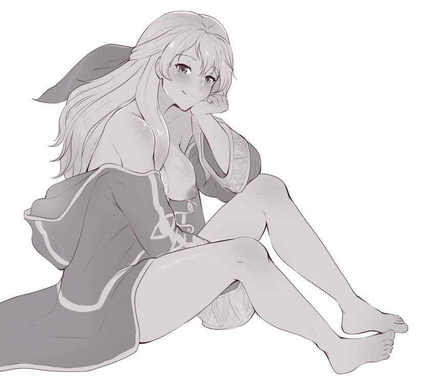1girl bare_shoulders blush breasts breasts_out cloak commission cosplay evomanaphy fire_emblem fire_emblem:_radiant_dawn fire_emblem_awakening greyscale hair_ribbon half_updo hand_on_own_face highres hood hood_down hooded_cloak hooded_coat large_breasts long_hair long_sleeves looking_at_viewer male_robin_(fire_emblem) male_robin_(fire_emblem)_(cosplay) micaiah_(fire_emblem) monochrome naked_cloak nintendo nipples off_shoulder open_clothes ribbon scarf second-party_source simple_background sitting smile solo white_background