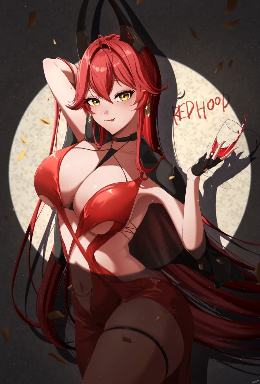 1girl absurdres animal_ears between_breasts black_jacket black_necktie breasts character_name clothing_cutout commentary_request cup dress drinking_glass evening_gown goddess_of_victory:_nikke highres holding holding_cup horns jacket jacket_on_shoulders large_breasts mechanical_horns navel necktie necktie_between_breasts official_alternate_costume red_hair red_hood_(nikke) red_hood_(nonsense_red)_(nikke) revealing_clothes shupita side_cutout solo spotlight stomach_cutout thigh_strap thighs tongue tongue_out wine_glass yellow_eyes