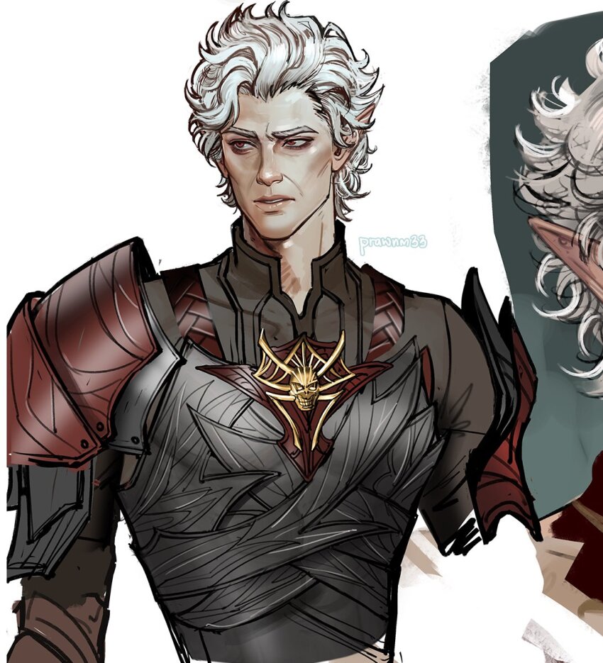 1boy armor astarion baldur&#039;s_gate baldur&#039;s_gate_3 black_armor commentary dungeons_&amp;_dragons english_commentary high_collar highres looking_to_the_side male_focus mistermagnolia multiple_views parted_lips pauldrons pointy_ears red_eyes short_hair shoulder_armor sideways_glance single_pauldron teeth upper_body wavy_hair white_background white_hair