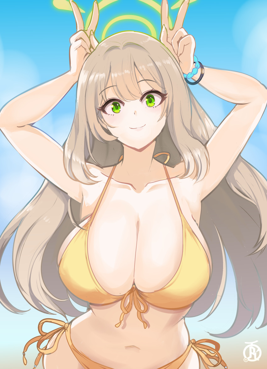 1girl armpits arms_up bikini blue_archive breasts brown_hair cleavage collarbone double_v front-tie_bikini_top front-tie_top green_eyes green_halo halo highres huge_breasts long_hair navel nonomi_(blue_archive) nonomi_(swimsuit)_(blue_archive) official_alternate_costume revolverwing scrunchie side-tie_bikini_bottom smile swimsuit v wrist_scrunchie wristband yellow_bikini