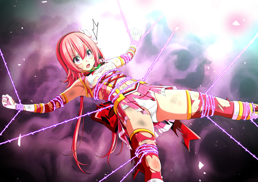 1girl ^^^ absurdres armpits back_bow barbed_wire beaten bloom blush body_blush bound bound_arms bound_legs bound_thighs bound_torso bound_wrists bow breasts brooch bruise bruise_on_arm bruise_on_face bruise_on_leg bruise_on_stomach clenched_hands clover clover_rose collared_dress cowboy_shot detached_sleeves dirty dirty_clothes dress eyebrows_hidden_by_hair feet_out_of_frame flower four-leaf_clover gloves glowing hair_flower hair_ornament hairband hanging highres immobilization injury jewelry koeda0111 lace lace-trimmed_dress lace_trim long_sidelocks lying magical_girl miniskirt multicolored_dress multicolored_skirt navel on_back open_mouth original outstretched_arms panties pantyshot peril pink_dress pink_hair pink_skirt pleated_skirt purple_background red_bow red_brooch red_hairband restrained ryona scratches short_dress short_hair_with_long_locks sidelighting sidelocks skirt sleeveless sleeveless_dress small_breasts spread_arms spread_legs surprised suspension thighhighs tied_up_(nonsexual) torn torn_bow torn_clothes torn_dress torn_skirt torn_sleeves torn_thighhighs underwear utsugi_chisaki very_long_sidelocks violence white_panties yotsuba_no_senki_clover_rose zettai_ryouiki