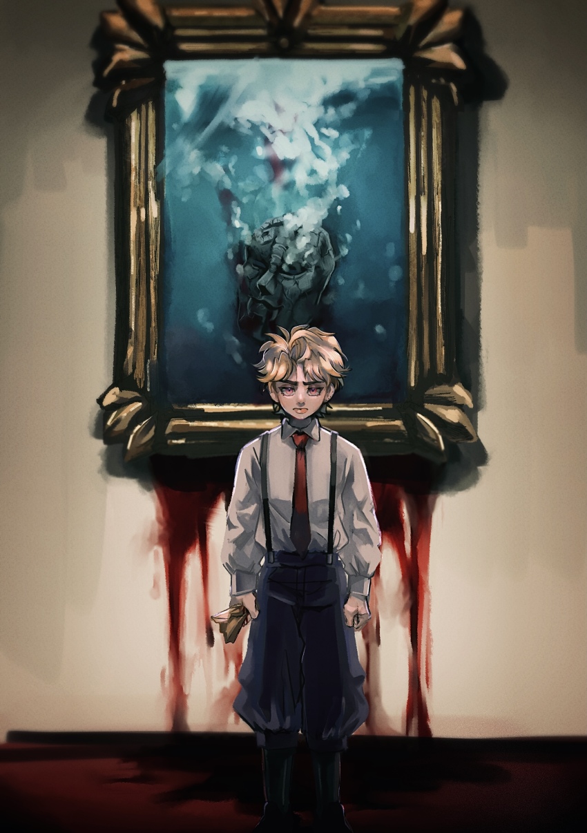 1boy absurdres arms_at_sides black_legwear blonde_hair blood blood_on_wall child clenched_hands collared_shirt dio_brando highres holding holding_paper jojo_no_kimyou_na_bouken long_sleeves looking_at_viewer mole mole_on_ear natchan_blue_(nanairopenki) necktie ocean painting_(object) paper phantom_blood picture_frame shirt short_hair stone_mask_(jojo) suspenders underwater yellow_eyes