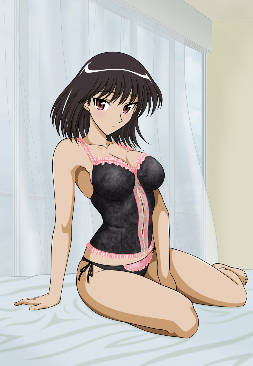 00s 1girl absurdres bare_legs barefoot bed between_thighs black_hair black_panties breasts bustier cleavage corset curtains derivative_work female_focus frills highres indoors large_breasts legs lingerie looking_at_viewer no_pants panties red_eyes satin school_rumble short_hair side-tie_panties sitting skindentation smile solo thighs tsukamoto_yakumo underwear underwear_only vector_trace yokozuwari