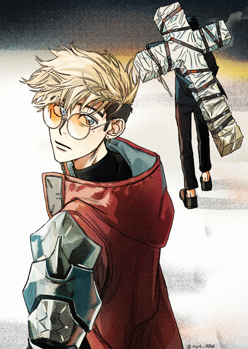 2boys absurdres ayb_986 black_hair black_pants black_shoes black_straps blonde_hair blue_eyes coat cross cross_punisher earrings eyes_visible_through_eyewear facing_away from_behind highres hood hood_down hooded_coat jewelry large_cross male_focus mole mole_under_eye multiple_boys nicholas_d._wolfwood orange-tinted_eyewear pants prosthesis prosthetic_arm red_coat round_eyewear shoes short_hair single_earring sunglasses tinted_eyewear trigun trigun_stampede undercut vash_the_stampede walking_away