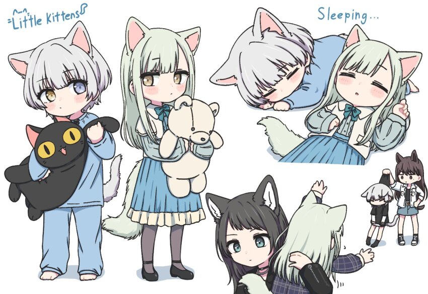 4girls animal_ears aqua_eyes bang_dream! bang_dream!_it&#039;s_mygo!!!!! barefoot black_hair black_pantyhose black_shirt blue_dress blue_eyes blue_pajamas cat_ears cat_tail closed_eyes dress green_hair grey_hair heterochromia holding_teddy_bear jacket kaname_raana lifting_person long_hair multiple_girls pajamas pantyhose raana_the_cat shiina_taki shirt short_hair sleeping stuffed_animal stuffed_toy tail teddy_bear tinysharkcat wakaba_mutsumi white_jacket wolf_ears yahata_umiri yellow_eyes