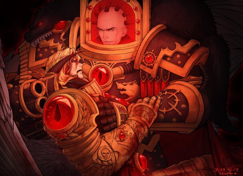 angel_wings armor artist_name bald black_armor black_legion blonde_hair blood blood_angels blood_in_hair blood_on_face breastplate cable chaos_(warhammer) chaos_undivided chaos_undivided_(symbol) clawed_gauntlets closed_mouth commentary couter cradling dated english_commentary eye_of_horus_(warhammer) gauntlets gem gold_armor goldriver hand_on_another&#039;s_chest hand_on_another&#039;s_head highres holding_detached_head horus_lupercal laurel_crown leg_armor leopard_pelt long_hair looking_at_another male_focus mechabare open_mouth outline pauldrons pelt poleyn power_armor primarch red_eyes red_gemstone red_outline rerebrace sanguinius shoulder_armor skull_ornament snow_leopard_pelt upper_body v-shaped_eyebrows warhammer_40k wings wolf