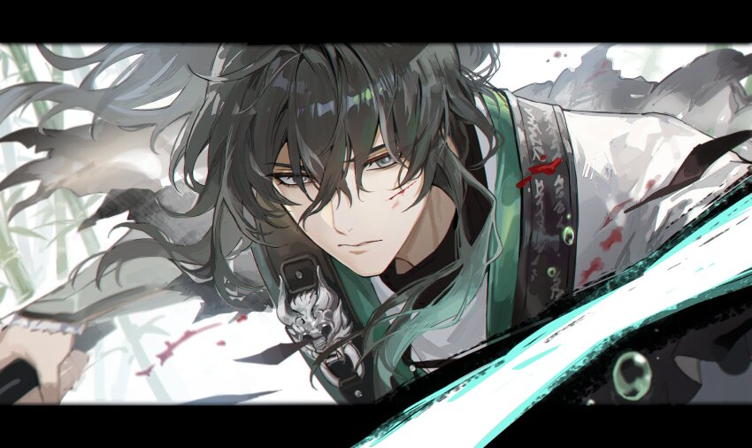 1boy arm_armor blind bubble cloak closed_mouth commentary fractalmagnolia grey_eyes hair_between_eyes highres holding letterboxed long_hair looking_at_viewer male_focus portrait qiuyuan_(wuthering_waves) solo white_cloak wind wuthering_waves