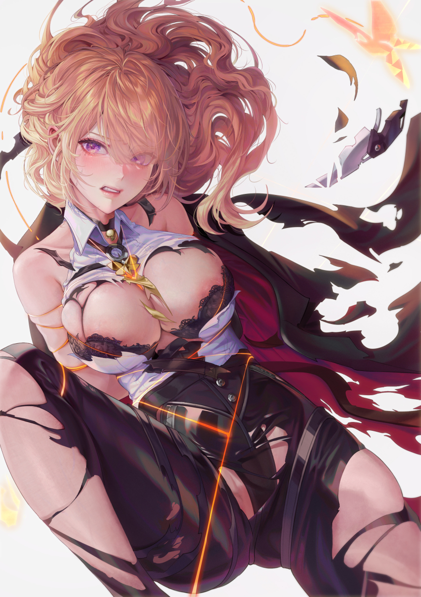 1girl absurdres areola_slip bare_shoulders black_bra black_coat black_panties black_pants blonde_hair blush bra breasts broken broken_weapon bug chest_harness coat coat_on_shoulders commentary english_commentary evelyn_chevalier grey_background hair_between_eyes harness high-waist_pants highres insect knife large_breasts latex_pants looking_at_viewer messy_hair mole mole_under_eye moth necktie open_mouth panties pants pendant_choker purple_eyes restrained shirt skindentation solo thread tight_clothes tight_pants torn_bra torn_clothes torn_coat torn_necktie torn_pants torn_shirt underwear weapon white_shirt yellow_necktie zenless_zone_zero ziiiing