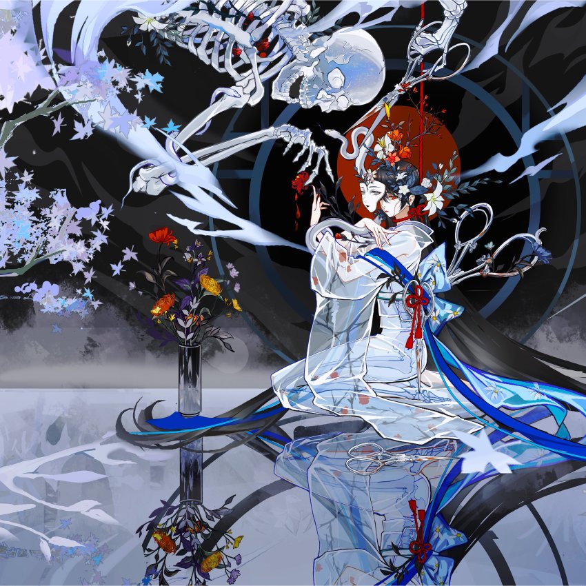 1girl absurdly_long_hair absurdres animal animal_on_arm black_background blue_ribbon branch chrysanthemum circle copyright_request falling_leaves floating floating_object flower giant hair_between_eyes hair_flower hair_ornament hand_up highres holding holding_scissors japanese_clothes kimono leaf lily_(flower) long_hair long_sleeves looking_at_viewer maple_leaf mask unworn_mask obi oversized_object purple_flower red_eyes red_flower red_sun reflective_floor ribbon sash scissors see-through_clothes see-through_sleeves seiza shan_gui_yu_yao shawl sidelocks sitting skeleton snake straight_hair tassel transparent vase very_long_hair white_flower white_snake yellow_flower
