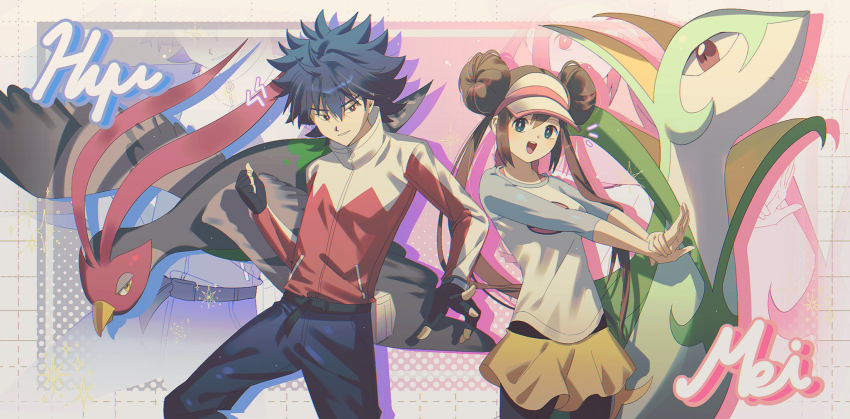 1boy 1girl :d belt black_belt black_gloves black_hair blue_eyes bright_pupils brown_eyes brown_hair character_name commentary_request double_bun fingerless_gloves gen_5_pokemon gloves grin hair_bun highres hugh_(pokemon) jacket kkodle2 long_hair nintendo notice_lines open_mouth pants pantyhose pokemon pokemon_(creature) pokemon_bw2 raglan_sleeves rosa_(pokemon) serperior shirt short_hair shorts smile spiked_hair stretching teeth tongue twintails unfezant unfezant_(male) upper_teeth_only visor_cap white_pupils yellow_shorts