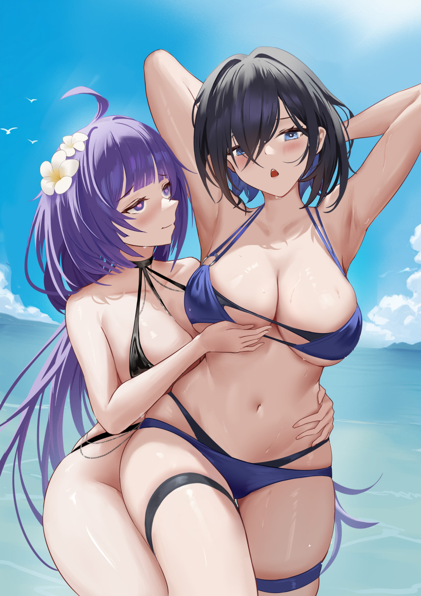 2girls absurdres ark_royal_(azur_lane) ark_royal_(coast_watcher)_(azur_lane) armpits arms_behind_head arms_up azur_lane bare_shoulders bikini black_bikini black_choker black_hair black_one-piece_swimsuit blue_bikini blue_eyes blue_sky blush breasts choker cleavage closed_mouth cloud collarbone commentary_request commission cowboy_shot day flower hair_between_eyes hair_flower hair_ornament hair_over_one_eye hand_on_another&#039;s_waist heart heart-shaped_pupils highres large_breasts layered_bikini long_hair looking_at_another mogador_(azur_lane) mogador_(locker_room_lechery)_(azur_lane) multiple_girls navel o-ring o-ring_bikini o-ring_top ocean official_alternate_costume one-piece_swimsuit open_mouth outdoors pixiv_commission purple_eyes purple_hair qianqiu_wanxia short_hair sidelocks skindentation sky standing stomach sweat swimsuit symbol-shaped_pupils thigh_strap very_long_hair white_flower yuri