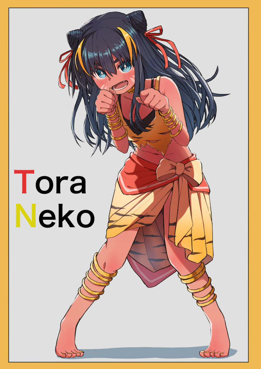 1girl artist_name bare_shoulders barefoot black_hair blue_eyes border bow bracelet bright_pupils clenched_hands commentary cone_hair_bun crop_top dark_skin double_bun facial_mark fang feet full_body gold gold_bracelet gold_thighlet grey_background hair_bun hands_up highres jewelry long_hair looking_at_viewer midriff multicolored_hair navel open_mouth original paw_pose red_ribbon ribbon signature simple_background solo standing streaked_hair teeth thick_eyebrows thighlet toes toraneko white_pupils yellow_border yellow_bow