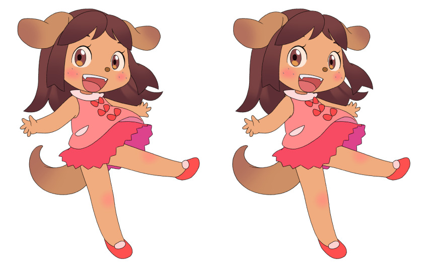 1girl animal animal_ears blush bow brown_eyes brown_fur brown_hair dog dog_ears dog_girl dog_tail freckles furry highres long_hair looking_at_viewer open_mouth original pink_shirt red_bow red_shoes red_skirt shirt shoes skirt sleeveless sleeveless_shirt smile spot_the_differences standing standing_on_one_leg tail white_background wind wind_lift yamanokonza