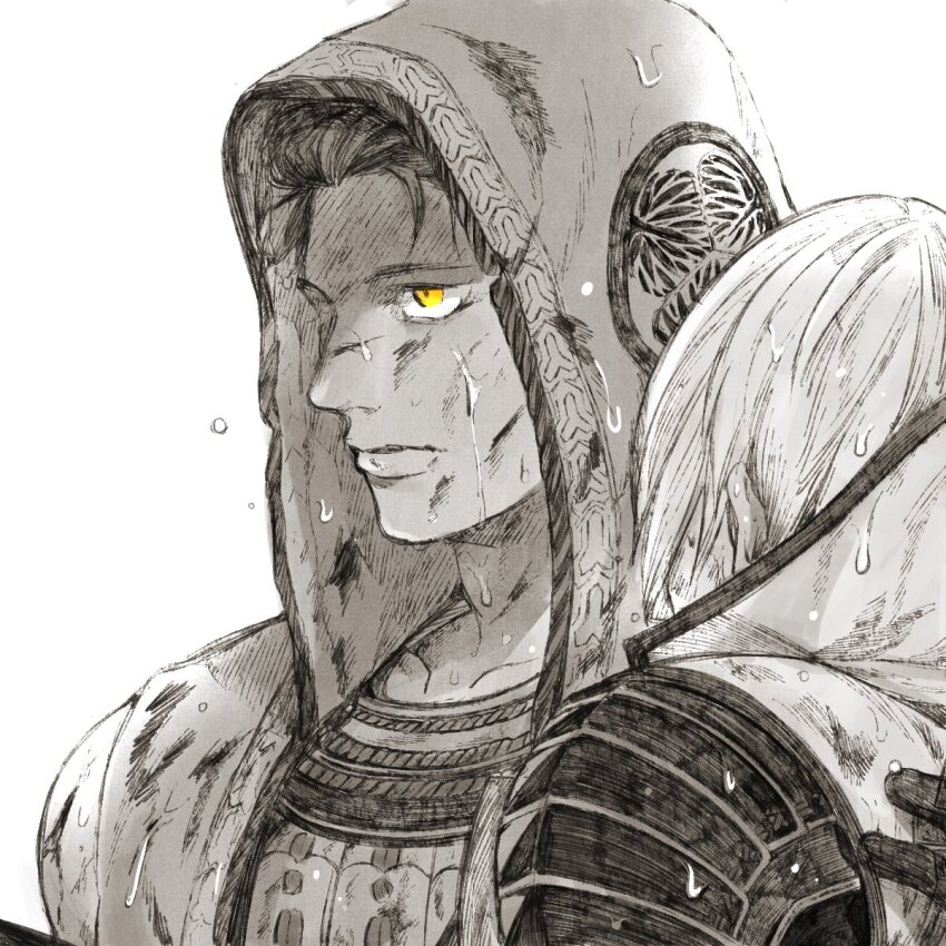 2boys carrying carrying_person frown greyscale highres hood hood_up ishida_mitsunari_(sengoku_basara) makaron611 male_focus monochrome multiple_boys portrait sengoku_basara short_hair simple_background spot_color tokugawa_ieyasu_(sengoku_basara) wet white_background yellow_eyes