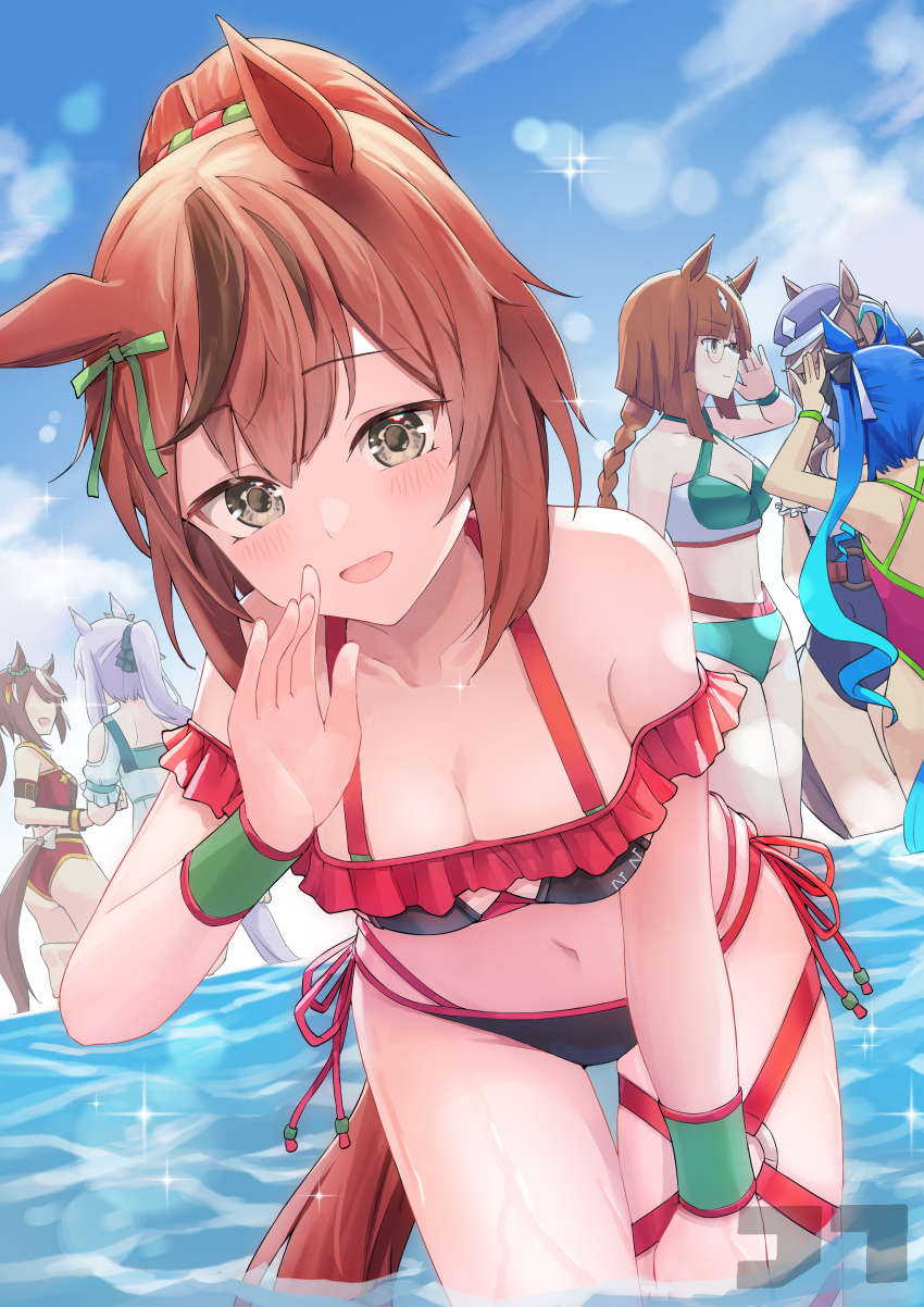 6+girls absurdres alternate_costume alternate_hairstyle animal_ears bent_over bikini breasts brown_eyes brown_hair cleavage collarbone glasses highres horse_ears horse_tail ikuno_dictus_(umamusume) jtleeklm long_hair looking_at_viewer matikane_tannhauser_(umamusume) medium_hair mejiro_mcqueen_(umamusume) multiple_girls nice_nature_(umamusume) ocean sky solo_focus swimsuit tail tokai_teio_(umamusume) twin_turbo_(umamusume) twintails umamusume