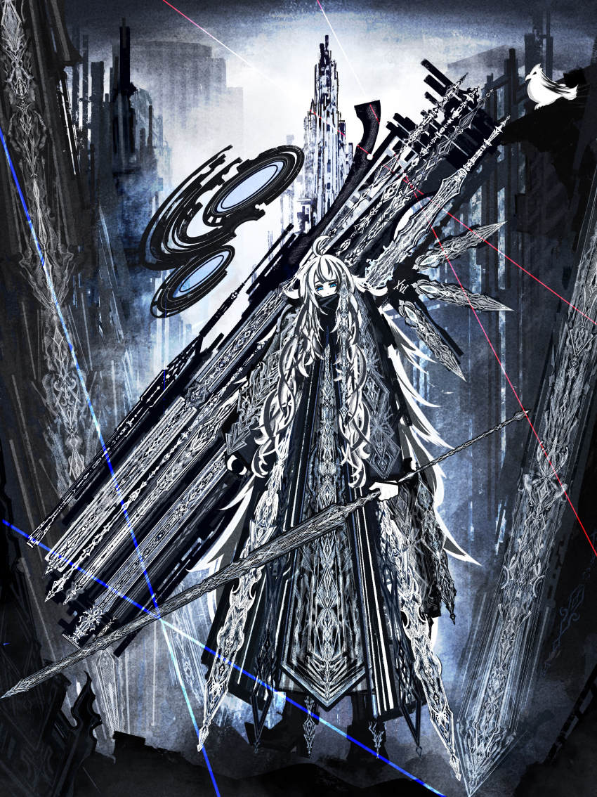 1girl absurdres blue_eyes full_body grey_hair highres holding holding_sword holding_weapon long_hair looking_at_viewer multicolored_hair original riz_kira solo standing sword two-tone_hair weapon white_hair