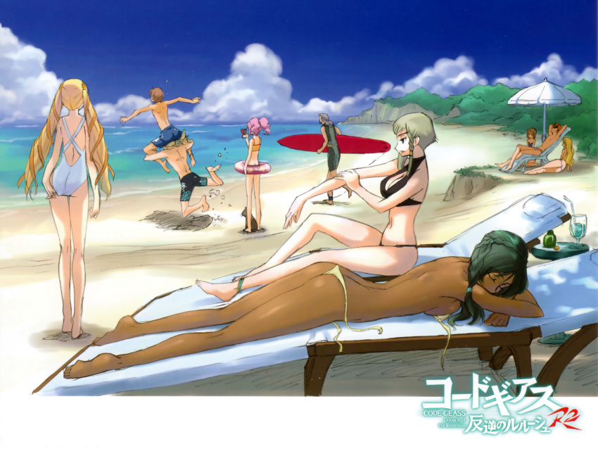 00s 4boys 6+girls absurdres adjusting_clothes adjusting_swimsuit alternate_costume anklet anya_alstreim ass backless_outfit bare_back barefoot beach bikini bismarck_waldstein black_male_swimwear black_swim_trunks blonde_hair blue_male_swimwear blue_swim_trunks bodysuit breasts carrying code_geass code_geass:_lost_colors dark_skin day diving_suit dorothea_ernst falling gino_weinberg highres innertube jewelry kimura_takahiro knights_of_the_round kururugi_suzaku large_breasts liliana_vergamon long_hair luciano_bradley lying male_swimwear marika_soresi monica_kruszewski multiple_boys multiple_girls nonette_enneagram official_art on_stomach one-piece_swimsuit ookouchi_ricca outdoors piggyback pink_hair shoulder_carry sideboob sunbathing surfboard swim_briefs swim_ring swim_trunks swimsuit thong_bikini topless_female untied_bikini wetsuit white_one-piece_swimsuit