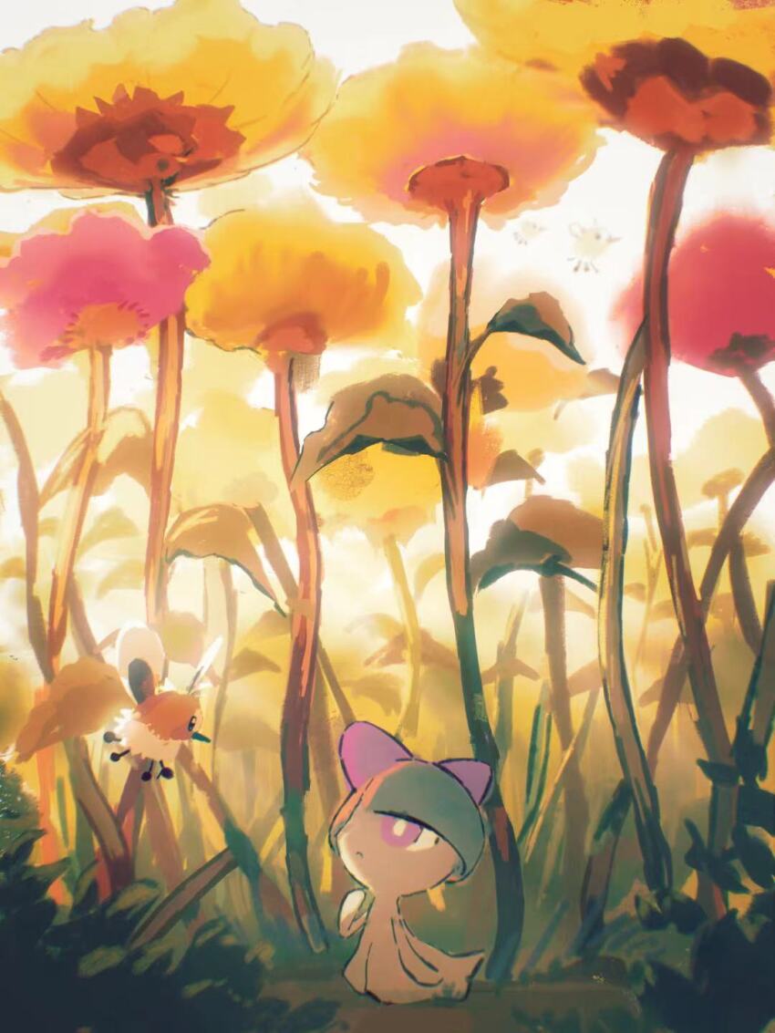 arc_draws bright_pupils closed_mouth cutiefly flower frown gen_3_pokemon gen_7_pokemon hand_up highres looking_at_another nintendo no_humans pink_eyes pink_flower pokemon pokemon_(creature) ralts white_pupils yellow_flower