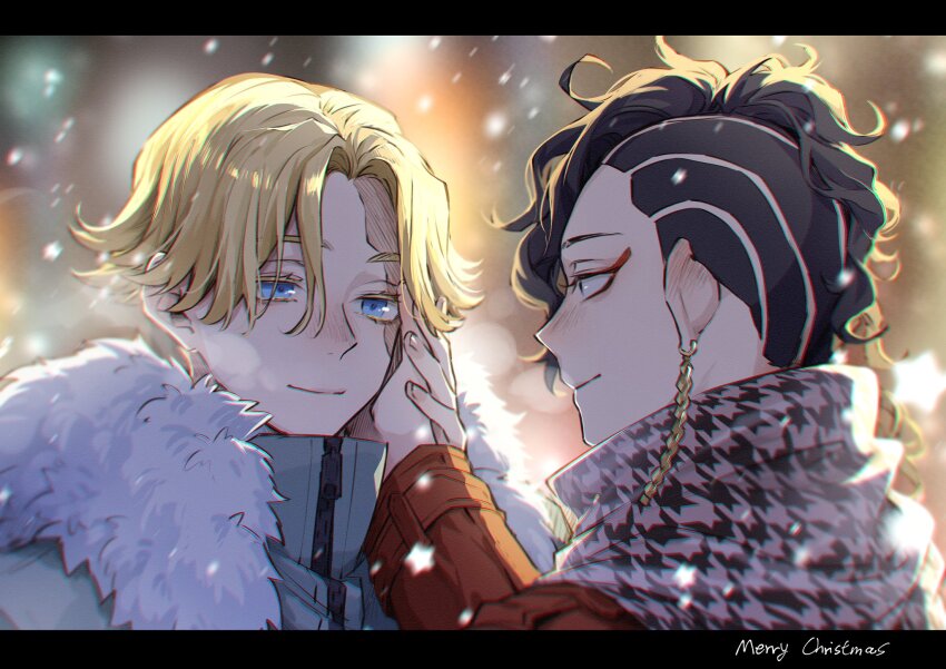 2boys asymmetrical_hair black_eyes black_hair blonde_hair blue_eyes burn_scar closed_mouth earrings eyeshadow fur_collar grey_jacket hand_on_another&#039;s_cheek hand_on_another&#039;s_face highres inui_seishu jacket jewelry kokonoi_hajime letterboxed long_hair long_sleeves makeup male_focus merry_christmas multiple_boys nanin red_eyeshadow red_jacket scar scar_on_face scarf short_hair single_earring smile tokyo_revengers upper_body white_scarf yaoi